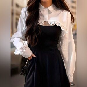 Elegant White Ruffle Long Sleeve Detail Mock Cape